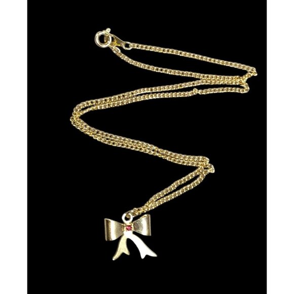 Vintage Dainty Coquette Gold Tone Bow Necklace With Red Gem - Picture 1 of 5